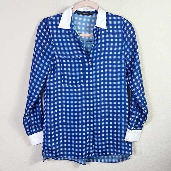 Zara Basic Blue White Checkered Plaid Pattern Button Down Satin Shirt size XS - Picture 11 of 12